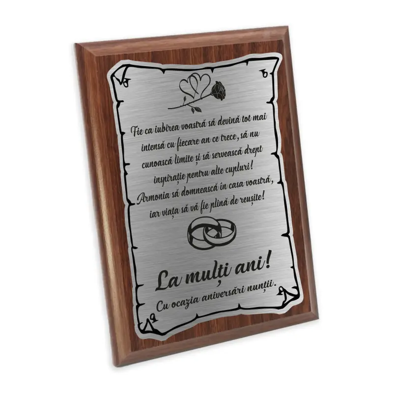 Aniversare casatorie, fie ca iubirea voastra..., placheta lemn personalizata prin gravura